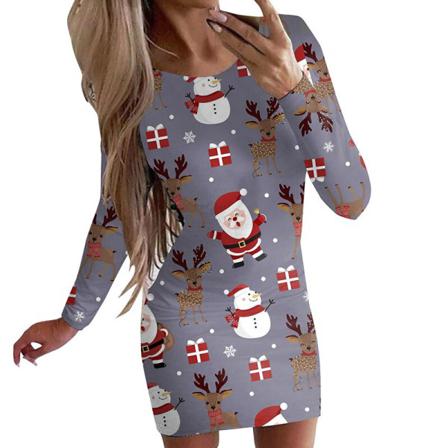 Kvinnor Xmas Mini Klänning Snögubbe Printed Långärmad Korta Klänningar