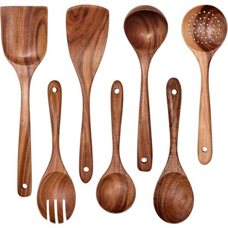 Premium Teak Köksset Serie - 7-Delars Non-Stick Köksredskapsset - 100% Naturligt Teakträ - Handgjort & BPA-Fritt