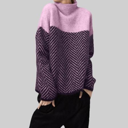 Kvinner Strikket Høst Vinter Genser Retro Flerfarget Halv Turtleneck Løs Lazy Inner Pullover Purple M