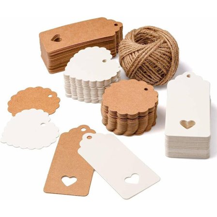 200 stk. brune og hvide kraftpapir-mærker, blanke rektangulære runde hjerteformede