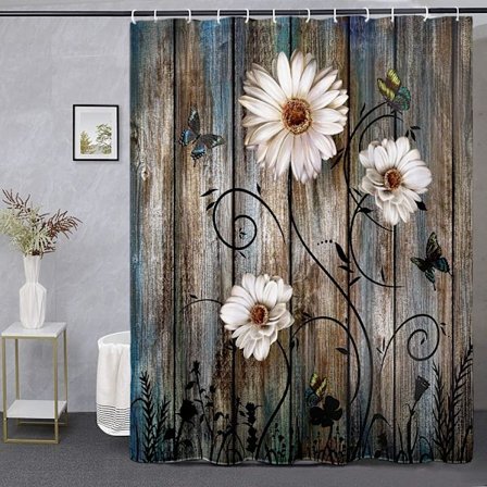 Rustik Duschdraperi Set Grå Blommig Tyg Badgardin 12 Krokar