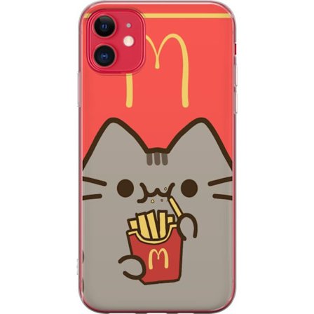 Kompatibelt Mobildeksel til Apple iPhone 11 Pusheen-katt som spiser McDonald's-inspirerte pommes frites - søtt og humoristisk motiv i varm fargepalett