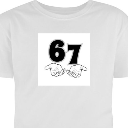 Barne-T-skjorte 67, emoji-håndmønster, svart og hvit illustrasjon av seks eller syv hender, moteriktig og moderne estetikk, hvit.