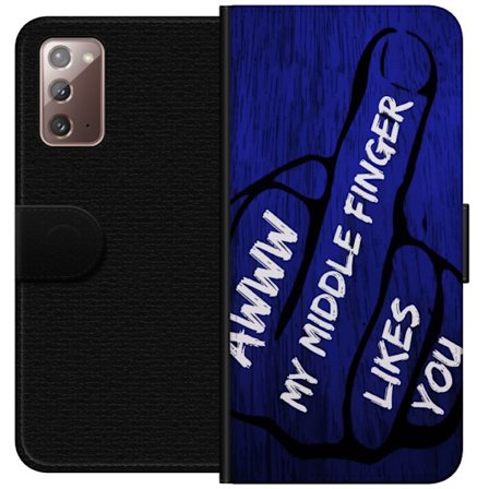 Kompatibelt Lommeboketui til Samsung Galaxy Note20 Mørk typografisk illustrasjon med hjerteform og budskap om vennskap mot dyp blå tretekstur