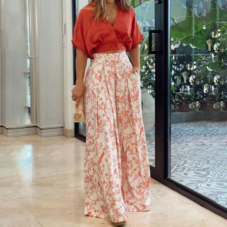 Kvinnor V-hals Tvådelad Outfit Blommig Print Lounge Set