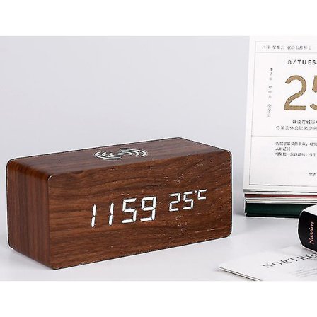 Træ Digital Vækkeur Trådløs Opladning Dato Temp Luftfugtighed