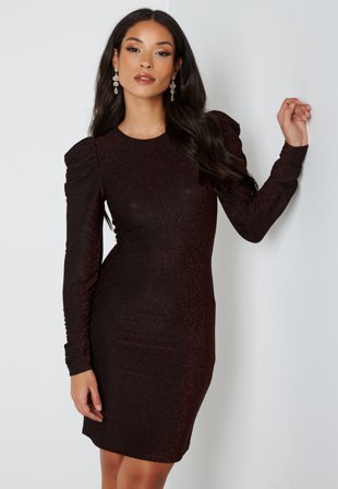 ONLY Darling L/S Glitter Puff Dress Black Rose Brown Gli Klær