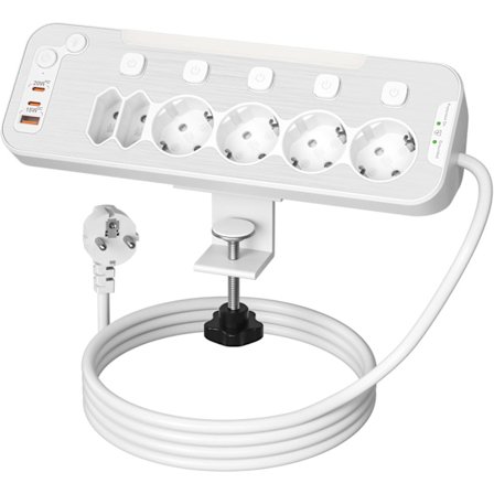 Bordkontakt med USB C, 6-veis strømskinne for skrivebord, PD20W multikontakt med uavhengig strømbryter, overspenningsvern med avtakbar