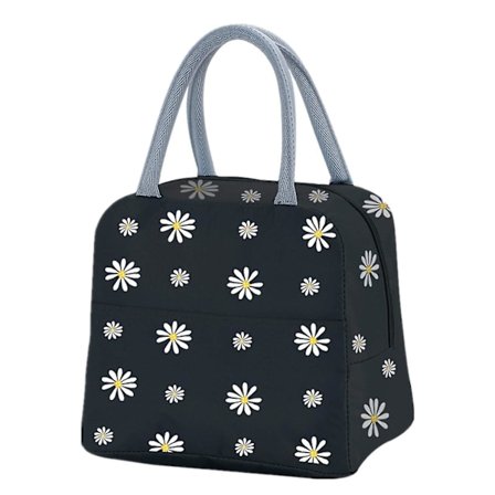 Isolert lunsjveske, bærbar termisk lunsjveske kjølebag Daisy mønster lunsjboks organiseringsveske for kvinner (svart)