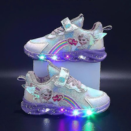 Flickor LED Casual Sneakers Elsa Prinsesse Tryk Udendørssko Børn Lysende Skridsikre Sko Kompatibel med Forår og Vinter - Lilla