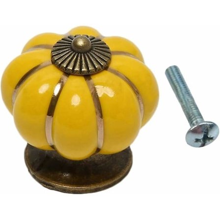 Sats med 4 färgglada dörrknoppar i keramik i form av pumpa för skåp, byrå, låda, kök och vintage kopparbeslag med skruvar - (gul)