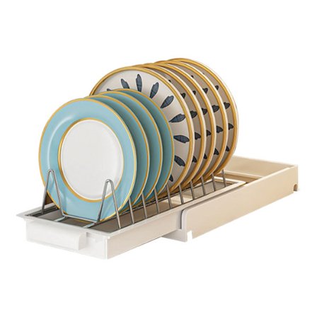 Uttrekkbar skaparrangør Rustfritt stål Multifunksjonelle uttrekkbare hyller for tallerkener Kjøkkenskap Hvit