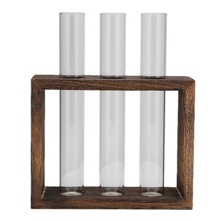 Bordplate Glassrør Vase Høyt Borosilikatglass Furu Tre Ramme Retro Rør Plante Vase for Hydroponiske Planter Hjem Dekorasjon 3 Flasker