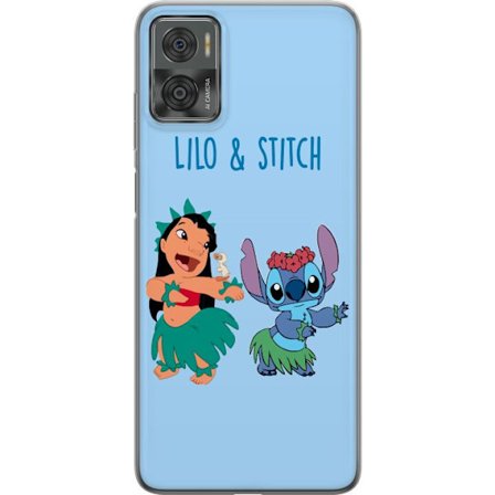 Kompatibel Mobilcover til Motorola Moto E22i Farverig illustration af Lilo og Stitch, der danser hula i græsskjorter