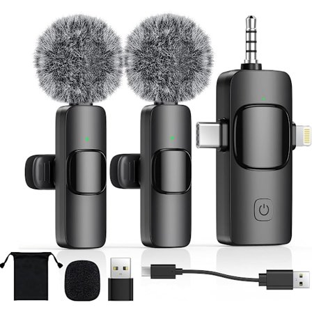 Trådløs mikrofon - 2 stk. - Lavalier-mikrofon - Ekstra lang batterilevetid - Velegnet til USB-C & iOS Lightning / Aux - Plug & Play - Reversclips