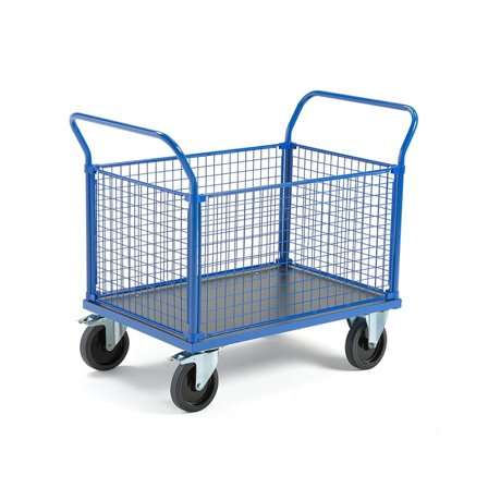 Plattformsvagn, 4 nätgavlar, 1000x700 mm, 1000 kg, elastiskt massivgummihjul, med broms