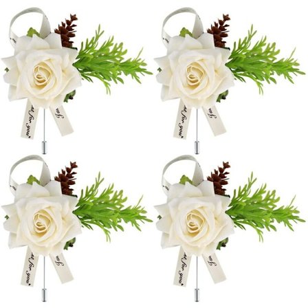 4 stk. Bryllups Boutonnieres Hvid Rose Corsage Boutonniere Blomster med Pin og Klips til Brudgom Brud Kjole Dekoration