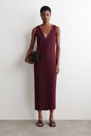 COS Women's V-Neck Wrapped Midi Dress in Red