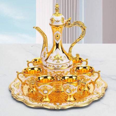 Vintage tyrkisk te-sæt i metal med 6 dele - kaffekande i ottomansk stil med bakke, tekopper og serveringstilbehør til hjemmebar eller teselskab