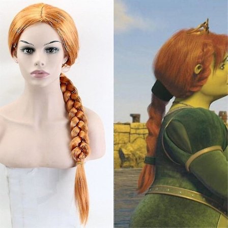 Shrek Kvinne Prinsesse Fiona Cosplay Full Parykk Monster Fiona Fest Rollespill Oransje Brun Flettet Hår Parykk Halloween Kostyme Rekvisitter