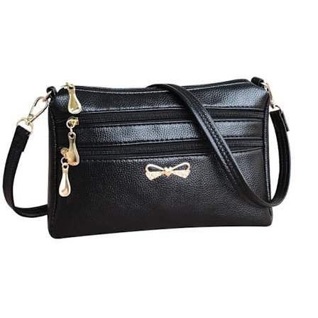 Solid Lær Crossbody Bag Kvinner Litchi Mønster Flerlags Pung (Svart)