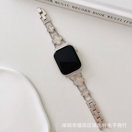 Klokkebånd for Apple Watch iWatch 38/40/41/ 10. generasjon 42mm universal med diamant firkløver hvit perlemor