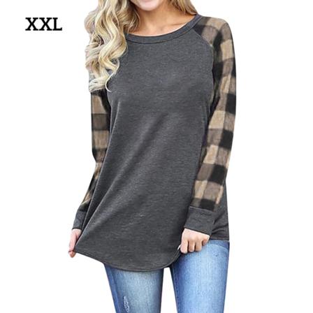 Kvinnor T-shirt Rund Hals Långärmad Skarvning Rutig Casual Top