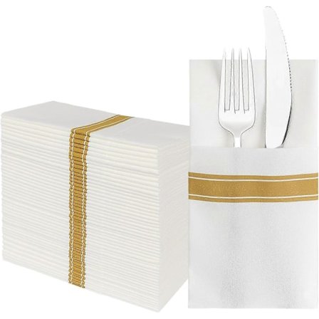 Guld 50-pak Engangsstofservietter - Indbygget Bestiklomme - Bryllupsfest - Hvidt Linned-look - Præfoldede Bestikservietter