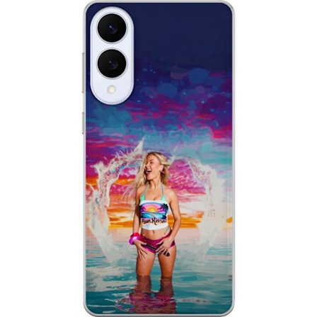 Kompatibelt Mobildeksel til Samsung Galaxy S25 Edge Blond kvinne i fargerik strandantrekk som leker i havet ved solnedgang