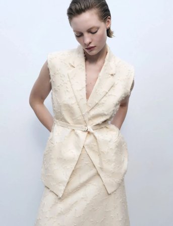 Mango Textured Waistcoat With Belt - Cream - XL