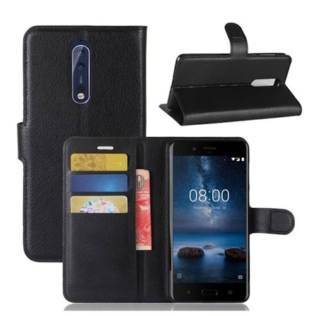 Nokia 8 Litchi Skinn Lær Magnetisk Etui - Svart