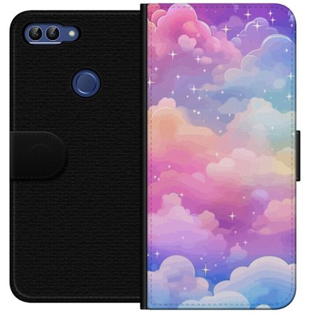 Kompatibelt Lommeboketui til Huawei P smart Søt enhjørning med regnbuefarget hår mot en stjernebelagt pastellbakgrunn i kawaii-stil