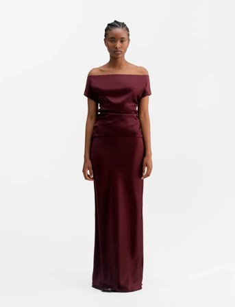Ahlvar Gallery Hana Long Logo Satin Skirt - Burgundy - M
