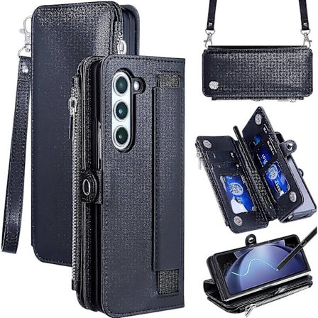 Fodral med dragkedja för Samsung Galaxy Z Fold 5, magnetiskt flipfodral i läder med S Pen-hållare, rem och kortfack