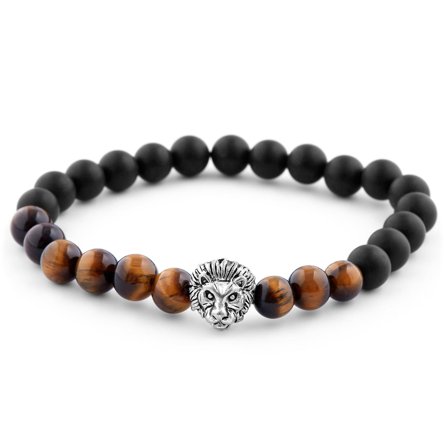 Bransoletka ze srebrzystym lwem dla mężczyzn - Bransoletki z koralików