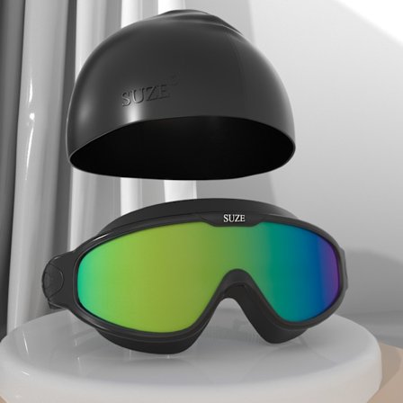 Simglasögon för vuxna med stor ram, anti-im, helsvarta, färgstarka guldpläterade integrerade öronproppar + badmössa