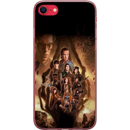 Yhteensopiva Puhelinkuori Apple iPhone SE (2020) Ryhmäpotretti Stranger Thingsin sankareista, joissa on tumma fantasiaympäristö ja uhkaava olento t