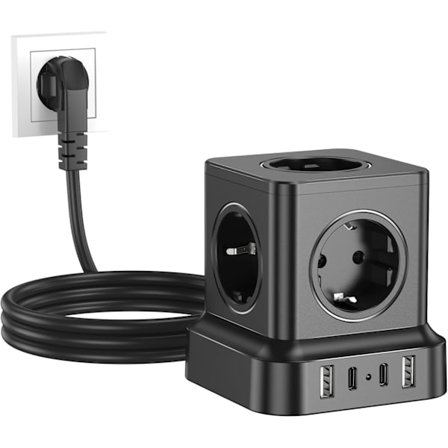 Cube Stikdåse med USB 5 AC-udtag Cube 2 USB-C 2 USB-A 9-i-1 Stik Cube med Kontakt 1,8 m Forlængerkabel til Kontor Hjem Sort