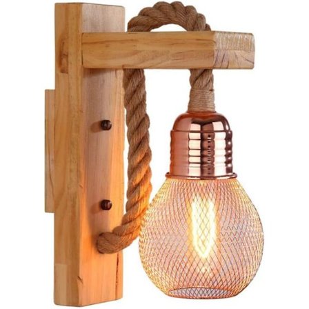 Vintage Vegglampe i Massivt Tre, Industriell Retro Stil, Hamptau, Rustikk Vegglampe, Innendørs Belysning, Metallskjerm, E27, Rødbrun