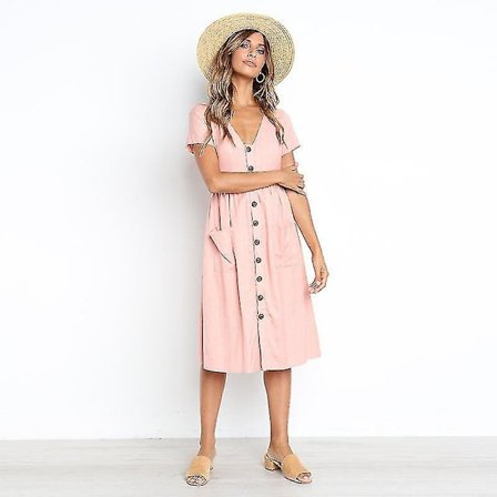 Sommerkjoler til kvinder, afslappet midikjole, kortærmet skjortekjole, V-hals, knaplukning, A-linje tunikakjole med lommer