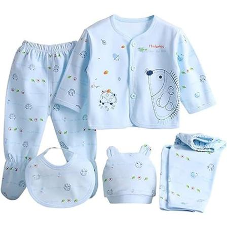 Babyundertøy 5-delt sett nyfødt 5-delt sett 0-3 måneder bomulls babyklær høst og vinter bomullsundertøy sett Blue 0-3 months