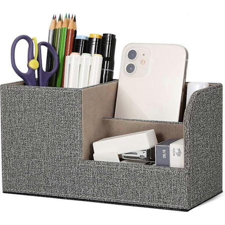 Kontorpult Organiser Pennholder Pult PU Lær Kontor Blyantholder Organiser Pennboks Pennholder Skrivebordstilbehør (Lin Grå)