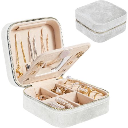 Hvit - Plysj Velour Reise Smykkeboks - Liten Smykkeboks for