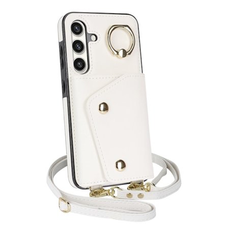 Etui til iPhone 16 Pro, hvit crossbody, multi-kort, ring, moteriktig multi-funksjons kortholder