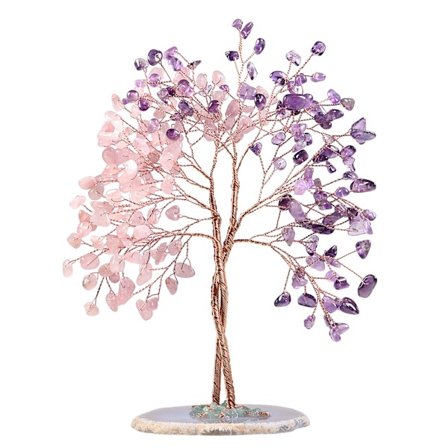 Håndlavet Krystal Penge Træ med Agat Skive Bund Træ af Livet Feng Shui Bonsai Hjemme Dekoration til Kærlighed Held og Rigdom, Amethyst & Rose Kvarts