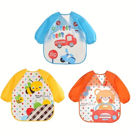 Babyhagesmæk med tegneserie lange ærmer - Vendbar spiseforklæde, høj kvalitet