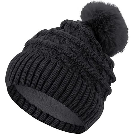 Bobble Hat til Kvinder Vinter Hue Hatte Termisk Fleece Foret Hat Dame Strikket Uld Hatte med Faux Fur Pom Pom