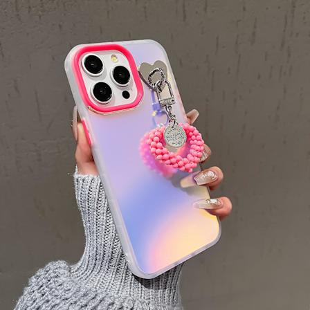 Til iPhone 12/ 12 Pro Etui Mat Laser Effekt PC+TPU Telefon Cover med Perler Hjerte Vedhæng Rose