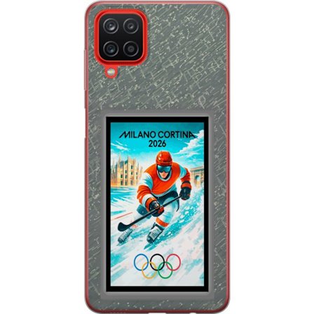 Yhteensopiva Puhelinkuori Samsung Galaxy A12 Curlingkuvitus pelaajilla ja kivillä jäällä, Milano Cortina 2026, lumisia roiskeita ja olympiasormukset