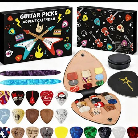 2025 Gitarplekter Julekalender – 24-dagers Julekalender med Celluloid-, Tre- og Oud-treplekter, Inkluderer Plekterholder og Metallboks